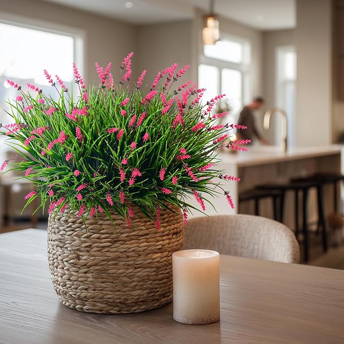 12 Bundles Artificial Lavender Flowers Faux Plants for Outdoor Fake Monkey Grass with Flowers Realistic Faux Greenery Shrubs for Porch Planters Patio Garden Window Boxes Pathway Decor (Pink)