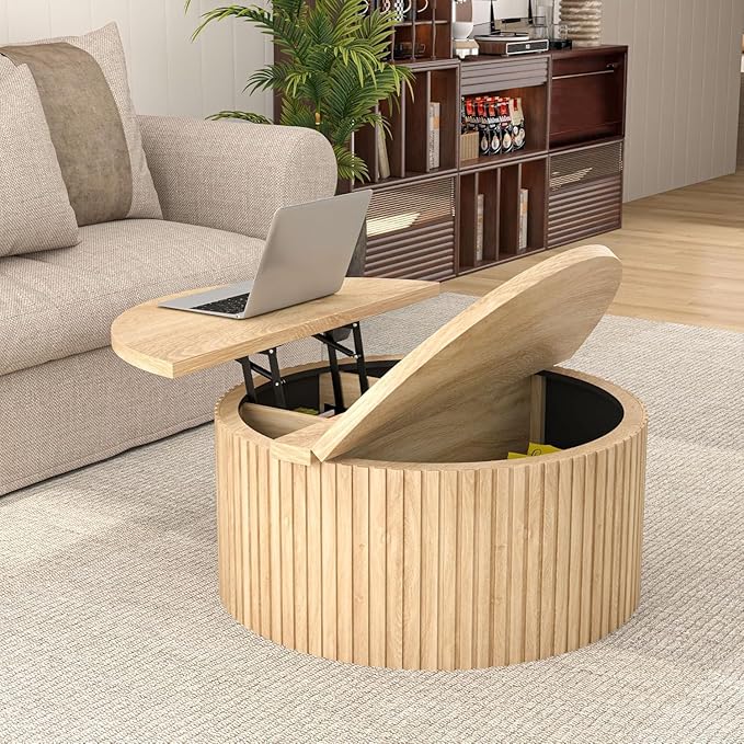 Lift Top Coffee Table with Storage, Round Coffee Tables for Living Room, 34.6'' Farmhouse Fluted Coffee Table, Wood Center Table with Large Hiddern Storage Compartment (Wood Color)