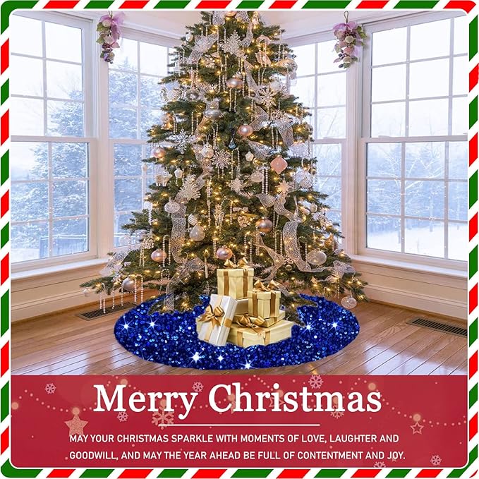 Royal Blue Christmas Tree Skirt 36 Inch Velour Sequin Christmas Tree Skirt Christmas Decorations for Thanksgiving Feast Sparkle Xmas Tree Skirts Round Sequin Christmas Tree Base Embroidered Tree Mat