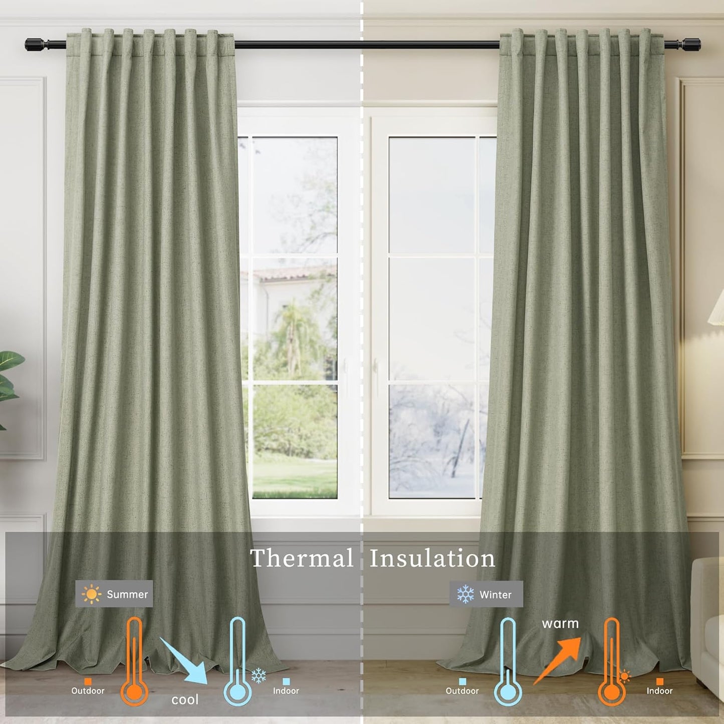 BOODII Sage Green Blackout Curtains for Bedroom 90 Inch Length Off White Black Out Drapes Modern Aesthetic Decorative Curtains for Nursery Boy Thermal Insulated Noise Reducing Linen Textured Curtain