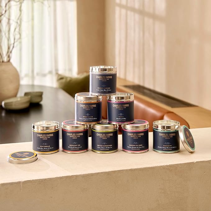 Charles Farris Luxury Scented Candle – Tin, Hand-Poured, Long Lasting, Clean Burning, 300g / 10.5oz, Burns for up to 40 Hours, Made in England – Smokey Cedar, Moss & Amber – Grand Cascade