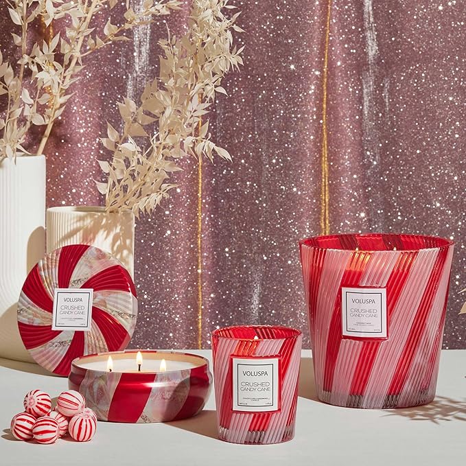 Voluspa Crushed Candy Cane, 3 Wick Boxed Hearth, 38 oz, 80 Hour Burn Time, Coconut Wax for Clean Burning, Handcrafted in The USA