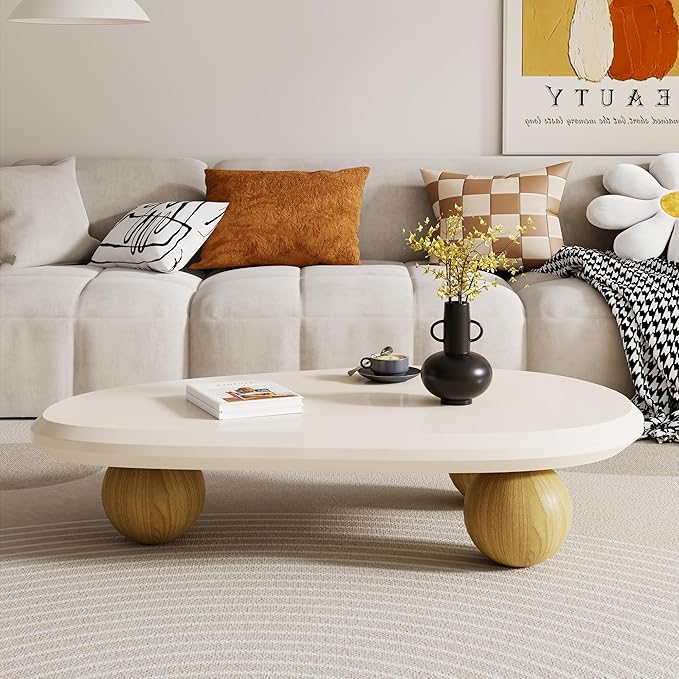 51.18" Large Cloud Coffee Table for Living Room, Oval Wood Coffee Table with 3 Brown Ball Legs, Unique Modern Living Room Table Center Table for Home Office, White