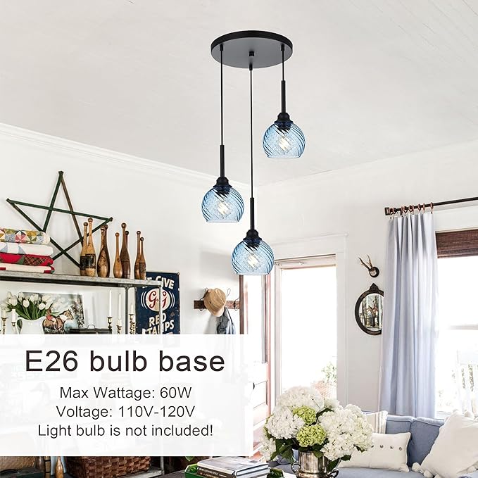 3 Light Pendant Lighting with Striped Swirl Globe Glass Blue Cluster Pendant Light for Kitchen Island, Modern Dining Room Light Fixtures Over Table Hanging Ceiling Light, E26 Base