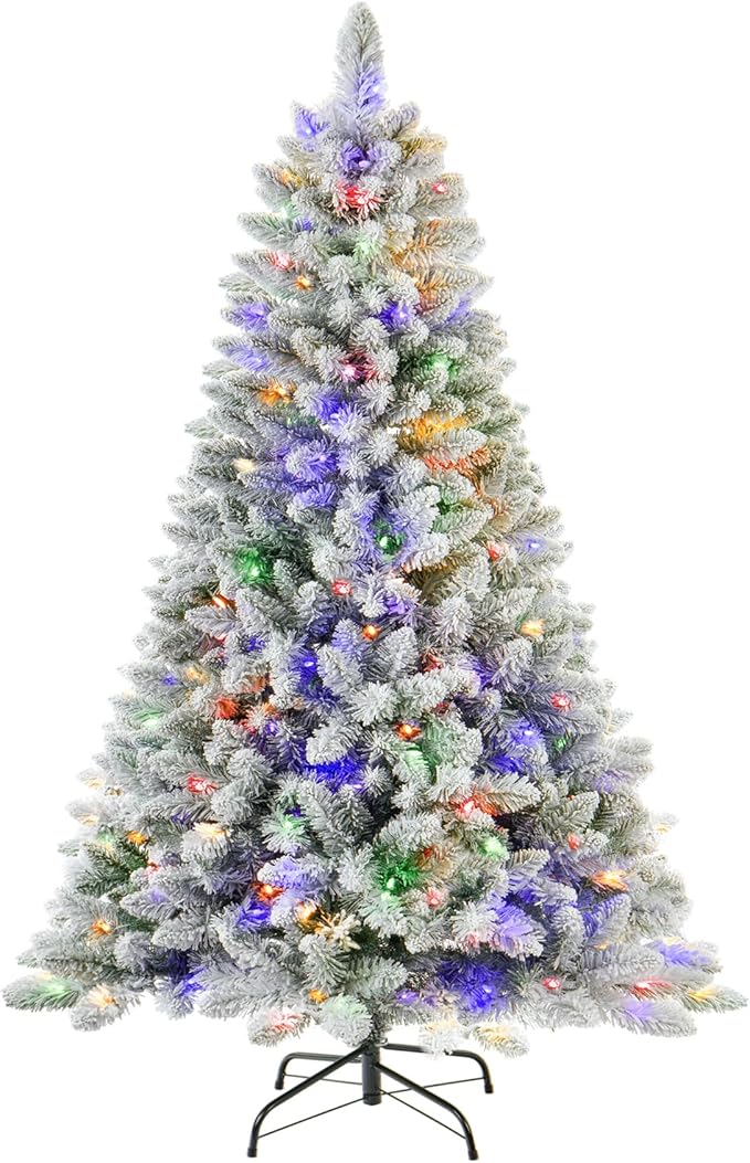 6 FT Pre-lit Snow Flocked Christmas Tree, Artificial Christmas Tree with 250 Warm White & Color LED Changing Lights, 600 PVC Branch Tips, Easy Assembly/Metal Stand/Hinged/8 Color Modes