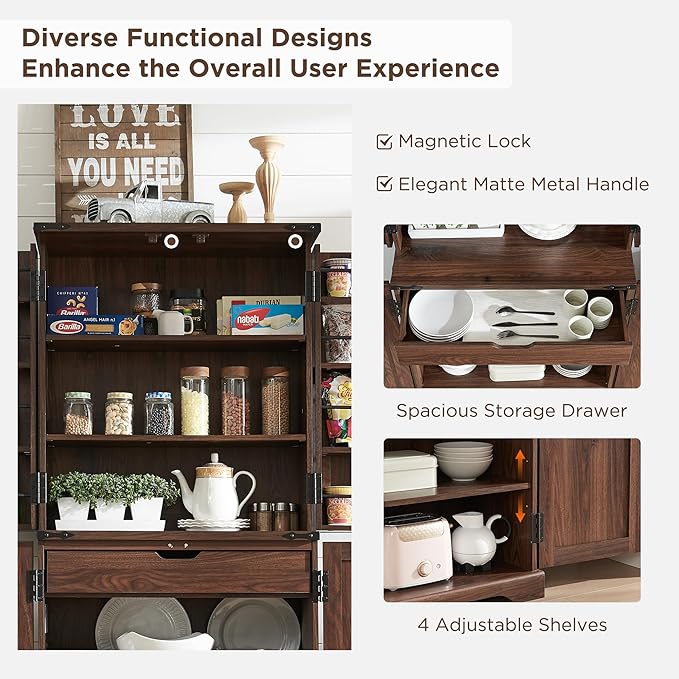 ACCOHOHO 72" Tall Kitchen Pantry, Farmhouse Storage Cabinet with Barn Doors, Organizer, Drawer and Adjustable Shelves, Rustic Wood Cupboard for Kitchen, Dining Room, Bathroom, Brown