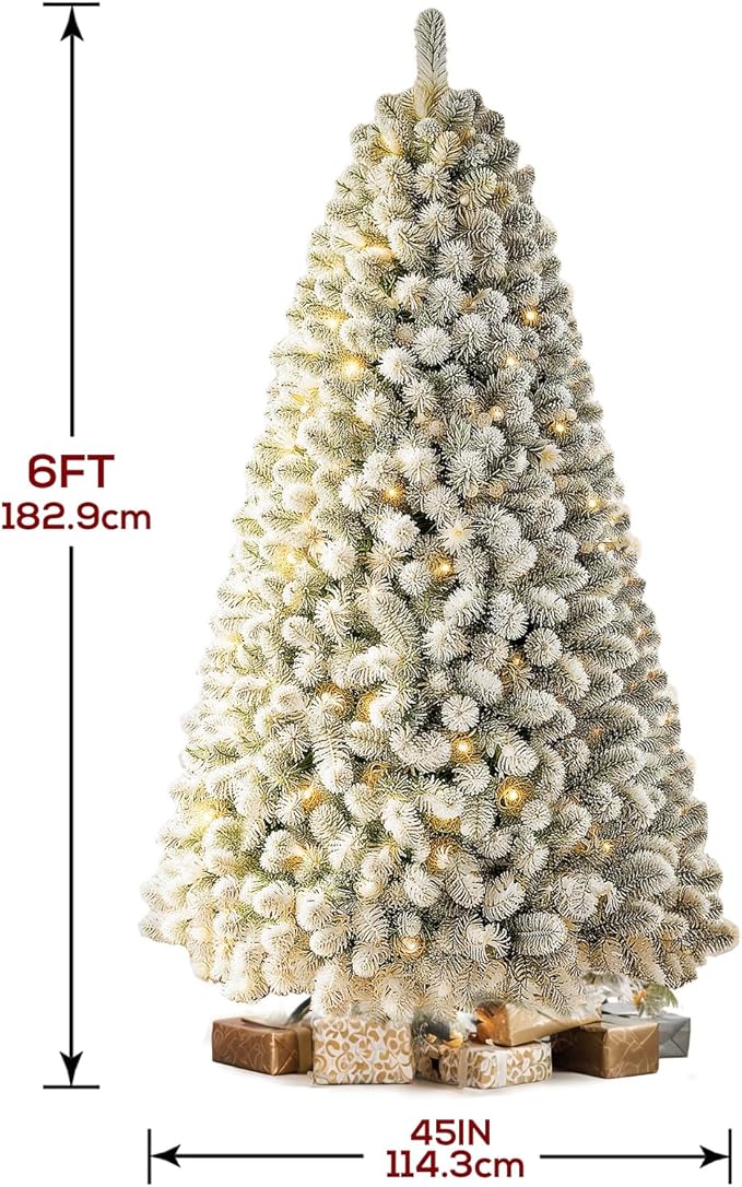 6 FT Prelit Snow Flocked Christmas Tree, Artificial Spruce Christmas Tree with 250 Warm White LED Lights, 850 PVC Branch Tips, Easy Assembly/Metal Stand/Hinged Branches Decoration