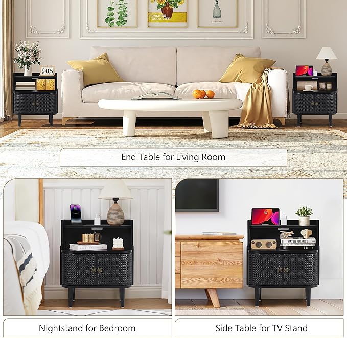 Metal Rattan End Table with Charging Station, Mid Century Modern Nightstand with 2 Doors, Bed Side Table with Storage for Couch,Living Room,Small Spaces, Sofa Side Table for Office,Dorm - Black