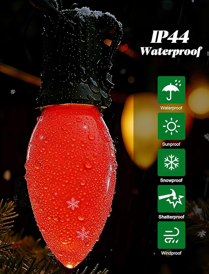 25Ft C9 LED Christmas Multicolor String Lights, Vintage Christmas Lights with 27 C9 Red/Green/White LED Bulbs, Outdoor Hanging Patio Light for Xmas Tree Path Roofline Wedding Party Decoration