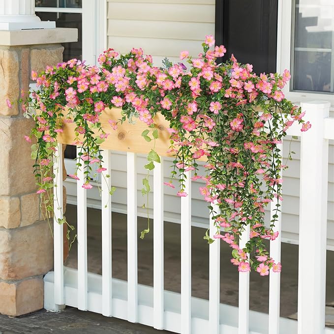 RECUTMS Artificial Hanging Flowers Plants for Outdoors, 4Pcs Fake Hanging Plants Flowers with Eucalyptus Leaves UV Resistant Fake Flower Look Real for Home Garden Porch Patio Door (Pink)
