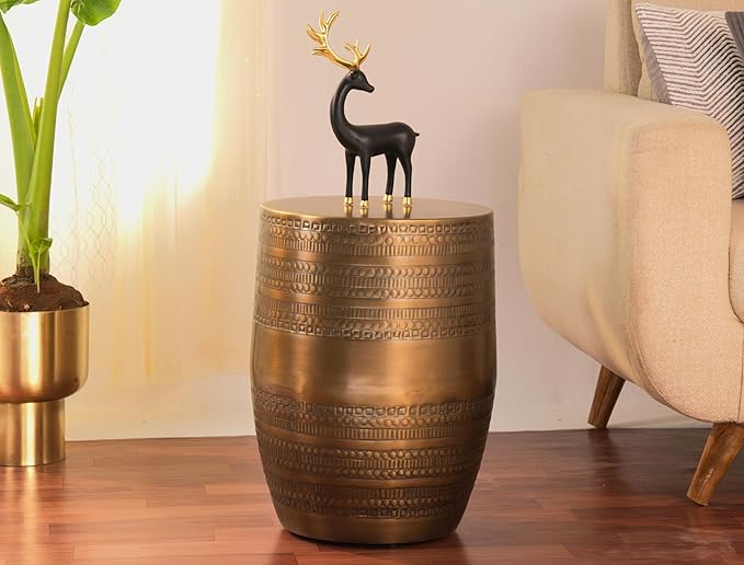 Modern Round Aluminum Hammered Embossed Texturing Metal Side Coffee Table, Hand-Stamped Iron, Boho Accent Side Table, Drum Shaped, for The Living Room and Bedroom, Brass
