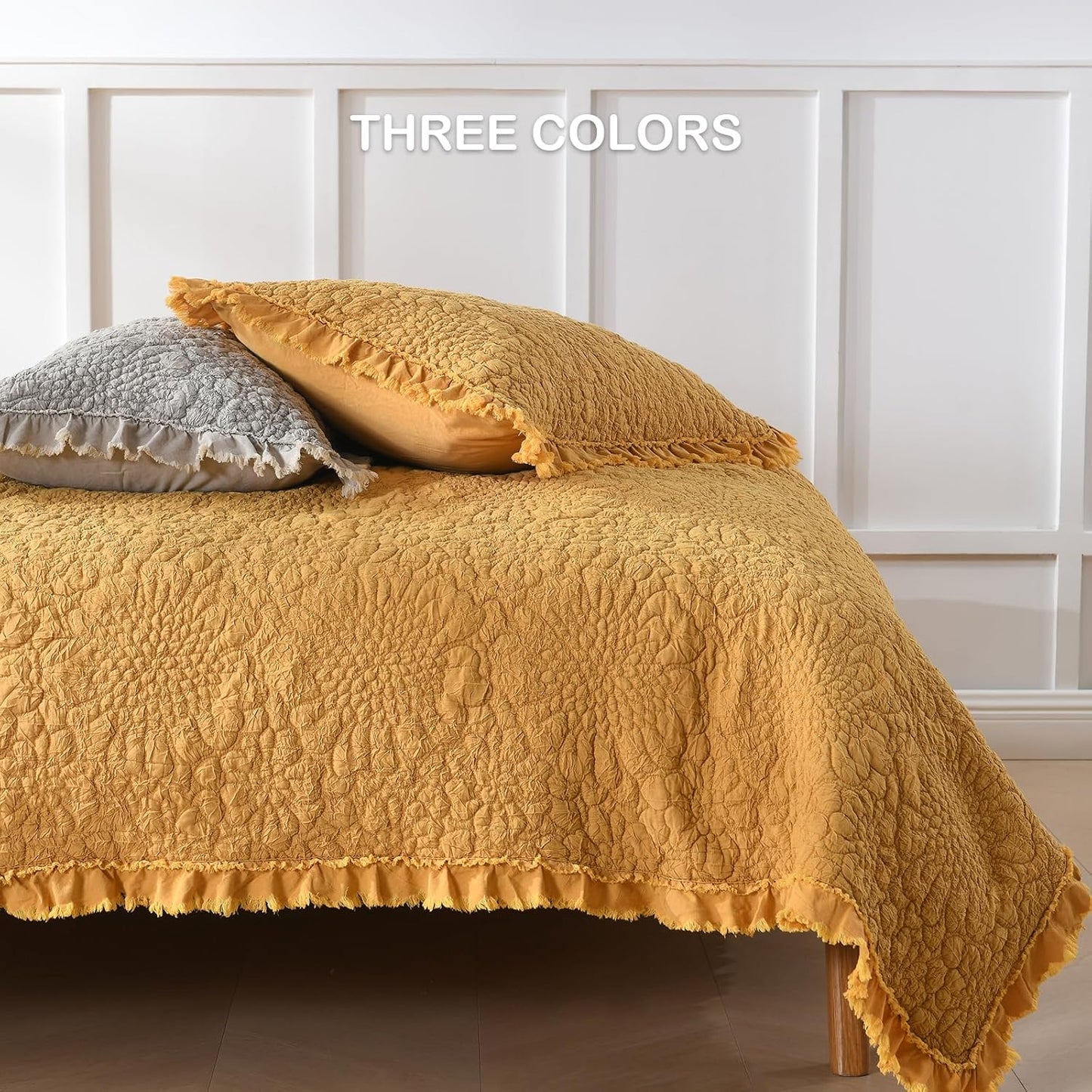 HORIMOTE HOME Yellow Ruffled Quilt Twin Size, Stone-Washed Microfiber Lightweight Crinkled Farmhouse Rustic Shabby Chic Bedding Set, 2 Pieces Reversible Bedspread with Pillow Sham for All Season