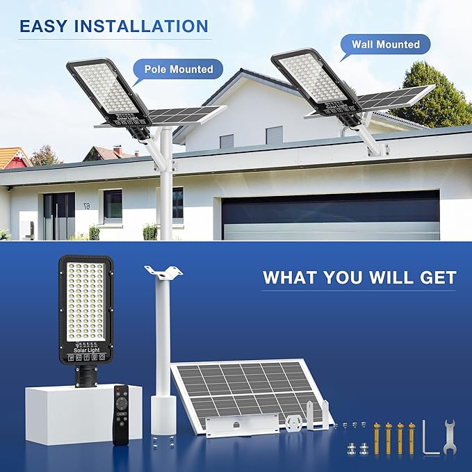 12000W Solar Street Lights Outdoor - 6500K Commercial Parking Lot Lights Dusk to Dawn, Waterproof Solar Powered with Remote Control, High Brightness Solar Street Light for Driveway/Yard/Garage