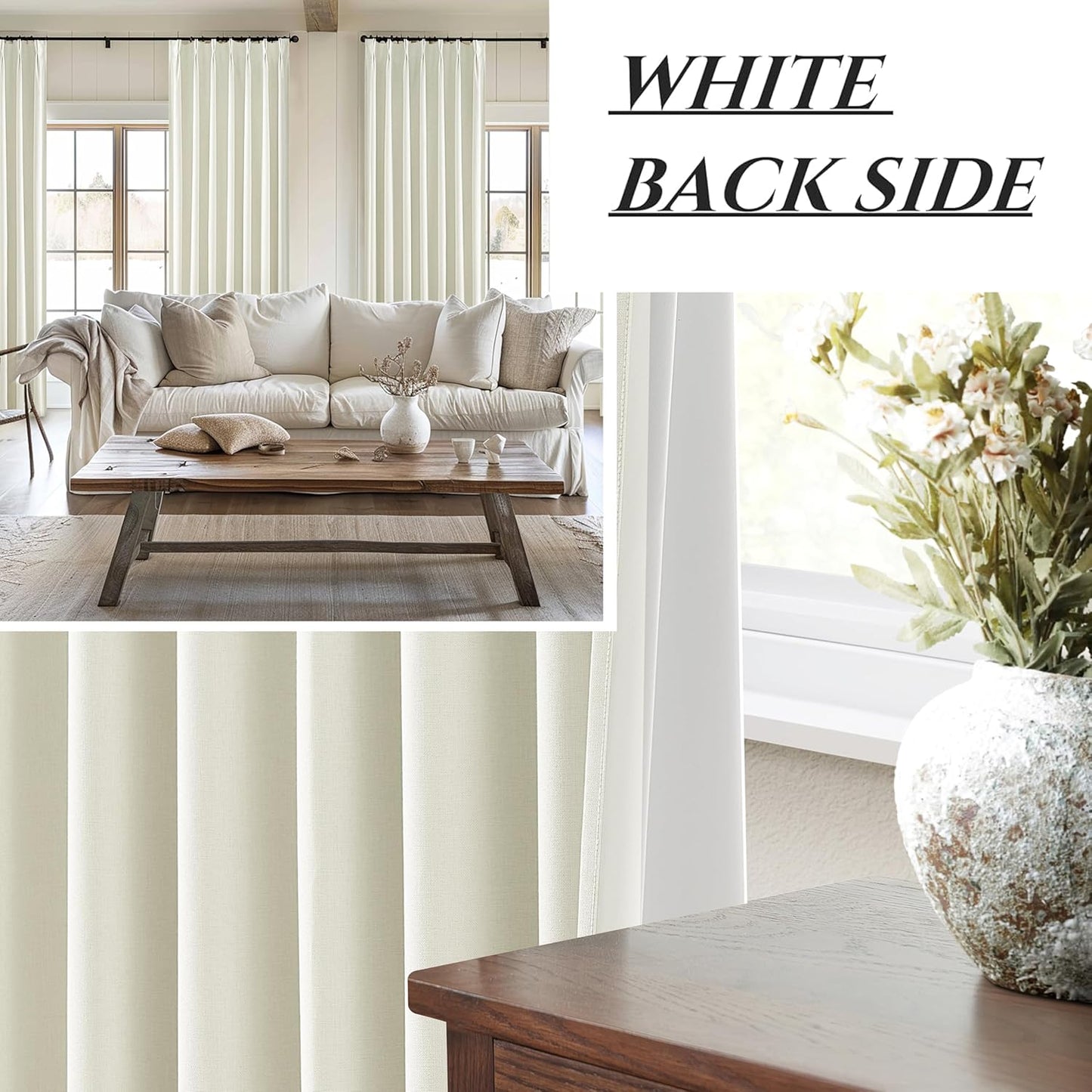 Ivory White Pinch Pleated Complete Blackout Curtains & Drapes 108 Inches Long 2 Panels Set, Flax Linen Room Darkening Soundproof Window Curtains with Hooks Rings for Bedroom Living Room Track System