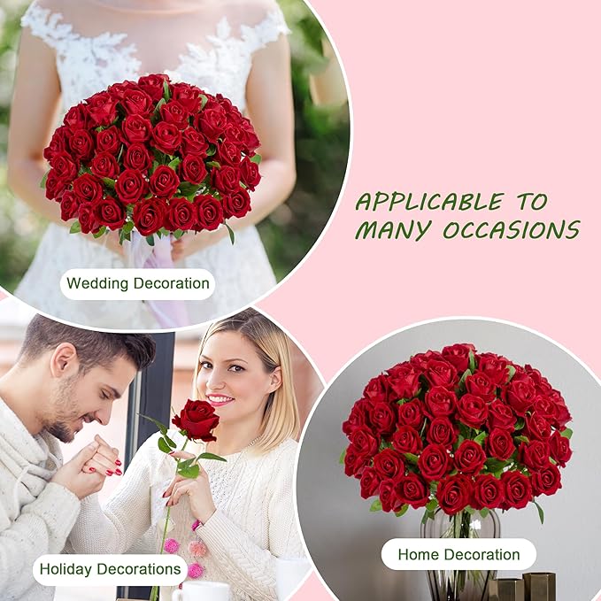 Artificial Flowers Roses Touch Fake Rose Bouquet Flower Stem for Wedding Centerpieces DIY Wreath Home Decorations Silk Roses Mothers Party Fake Outdoor Flowers Decor 19.6"(Red 100PCS)