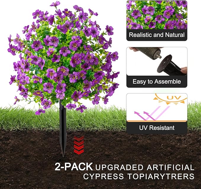 2Pcs 23.6" Artificial Boxwood Topiary Ball with Flowers Plants with Ground Spikes for Outdoor UV Resistant Realistic Fake Bushes Plants for Garden Yard Front Porch Patio Decor (Violet Purple)