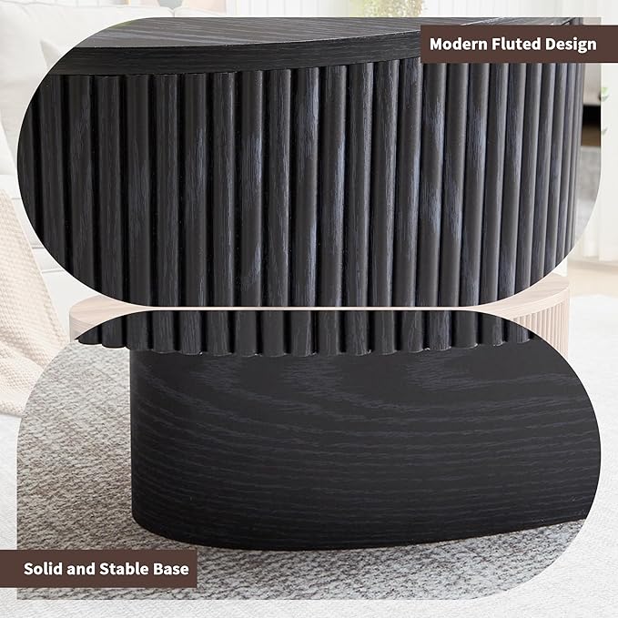 Oval Coffee Table with Hidden Storage, 31.5 Inch Wide Modern Coffee Table, Center Table with Fluted Veneered, Accent Tea Table for Small Space Living Room Apartment (Black)