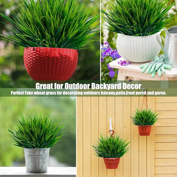 Lnoicy 20pcs Artificial Outdoor Plants, Fake Wheat Grass Greenery Shrubs UV Resistant Faux Plastic Plants Garden Porch Window Box Décor (Grass)