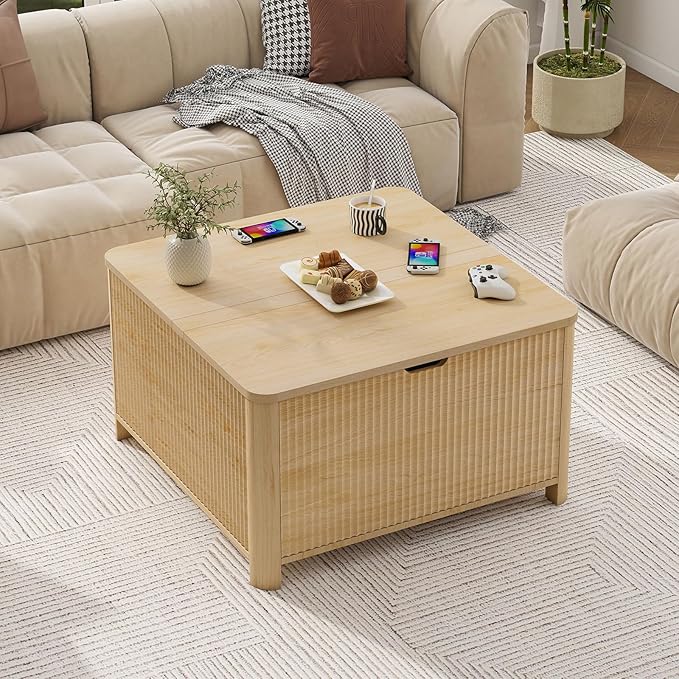 LYNCOHOME 31.5" Fluted Lift Top Coffee Table with Storage, Square Coffee Tables for Living Room, Coffee Table with Large Hidden Storage Compartment and Adjustable Shelves,Natural