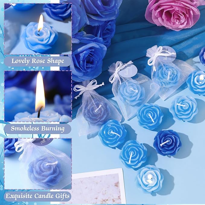 Treela 24 Set Flower Candles Wedding Favor for Guests Mini Blue Rose Shaped Tealight Candles for Return Gift Wedding Birthday Bridal Shower Housewarming Party