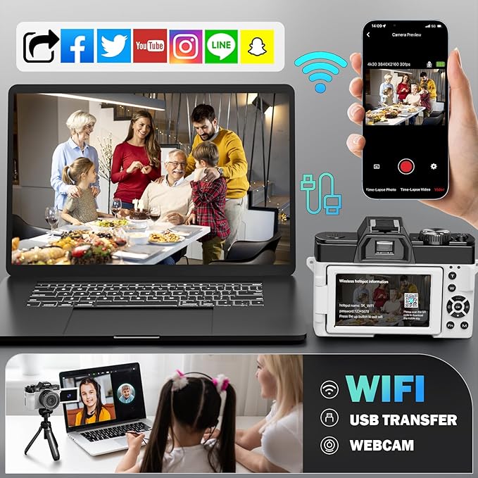 True 5K Digital Cameras for Photography 64MP - 16X Zoom, WiFi, with 64GB TF Card, Wide-Angle & Macro Lens, Autofocus & Anti-Shake, Vlogging Camera for YouTube Travel (White)