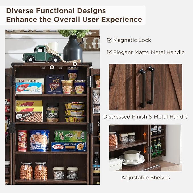 ACCOHOHO 47" Kitchen Pantry, Farmhouse Storage Cabinet with Barn Doors, Organizer and Adjustable Shelves, Rustic Wood Cupboard for Kitchen, Dining Room, Bathroom and Hallway, Brown