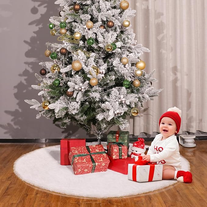 84 Inch Faux Fur Christmas Tree Skirt - Premium White Extra Large Plush Tree Skirt for 7.5-15 Ft Trees