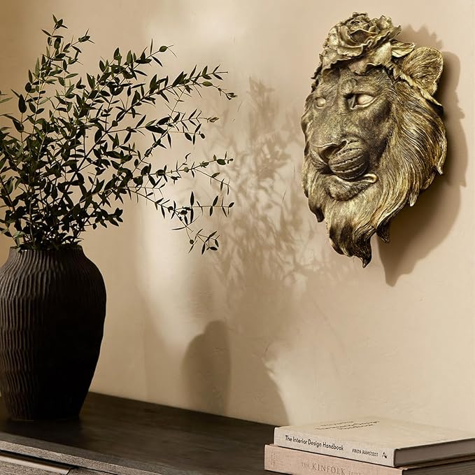 GUSFREUD Gold Lion Animal Head Wall Decor – Resin Lion Wall Sculpture, Vintage Gold Wall Art for Living Room, Bedroom, Office, Maximalist Home Decor