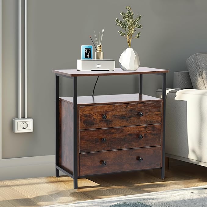 3 Wooden Drawers Night Stand, 27 Inch Wide Nightstand with Charging Station and Adjustable Drawers, Small Dresser for Closet, Bedside Table for Living Room/Bedroom/Office, Retro Brown.