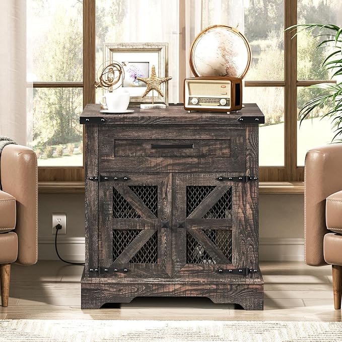 Farmhouse End Table Set of 2, 24" Large Sofa Side Table with Drawer, Large End Table for Living Room, Wooden Nightstand with Charging Station, Square, Dark Rustic Oak