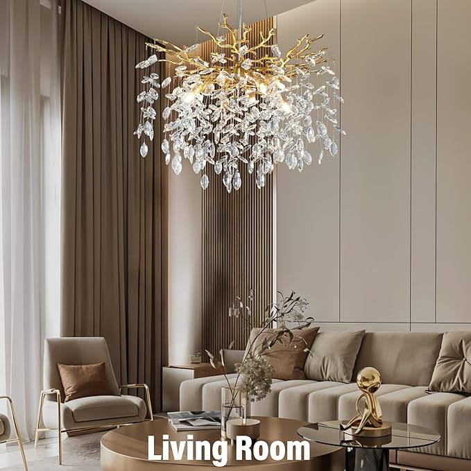 YUYI 23.6" Modern Gold Tree Branch Crystal Chandelier, 8-Light Round Raindrop Pendant Lighting for Dining Room Living Room Bedroom Kitchen Foyer Entryway, Luxury K9 Crystal Statement Light Fixture