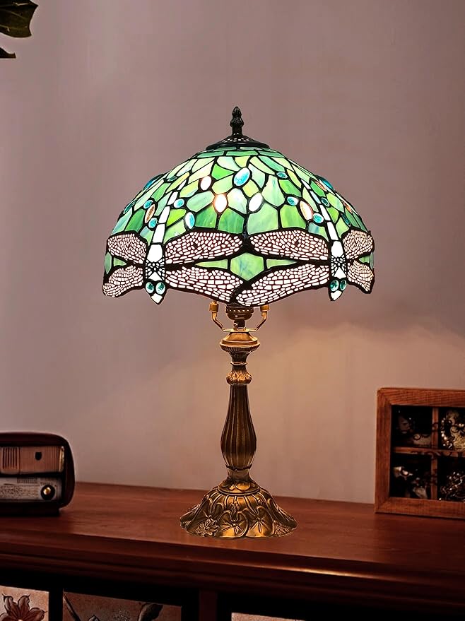 Tiffany Table Lamp,Sea Blue Dragonfly Style Stained Glass Lamp,12X12X20 Inch Decor Bedroom,Living Room Reading Tiffany Lamp,Include LED Bulb
