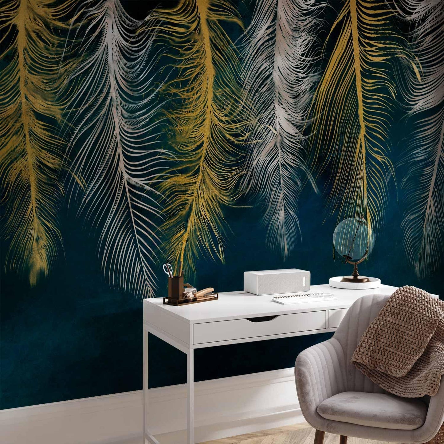 artgeist Premium Wall Mural Feather 177x124 in - Non-Woven Wallpaper Fleece Wall Decor Photo Print Picture Image Design Landscape Abstract Beige Navy Blue b-A-0812-a-a
