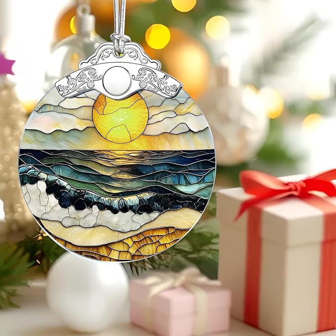 Beach Sunset Stained Glass Ornament, Christmas Ornaments – Christmas Tree Decorations, Holiday Decor, Stocking Stuffer, Gift Idea, Summer Vibes Gift, Gifts for Beach Lover, Friend, and Faimly