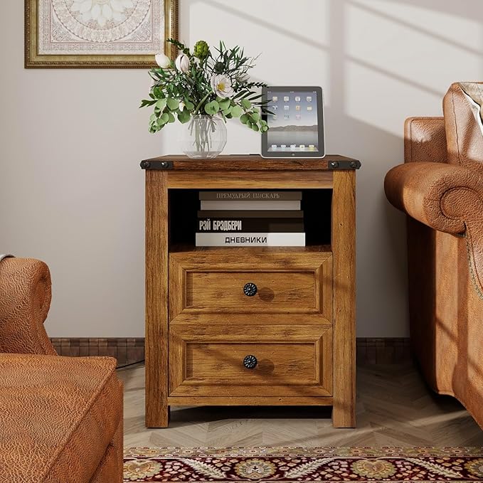MUUEGM Farmhouse Nightstand with Charging Station, End Tables for Living Room, 18 Inch Bedside Table Side Table with Drawers and Storage Cabinet, Nightstand for Bedroom, Brown, Set of 1