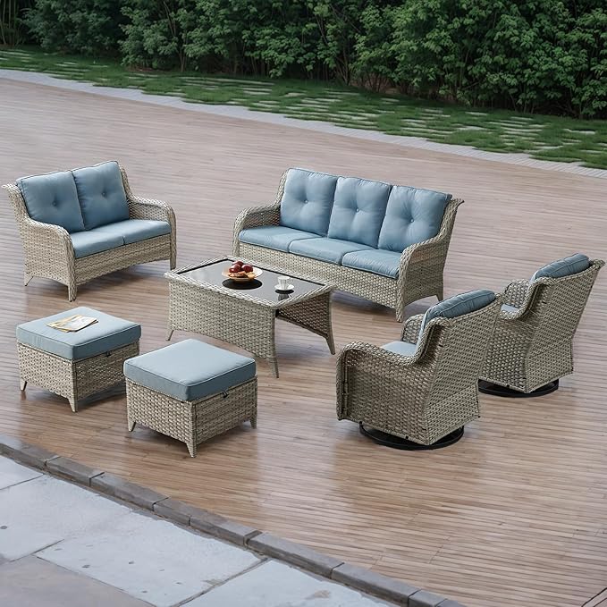 Rilyson Patio Tables Wicker Coffee Table - Outdoor Rattan Coffee Tables with Glass Top for Patio Proch Deck Balcony Rectangle Light Grey