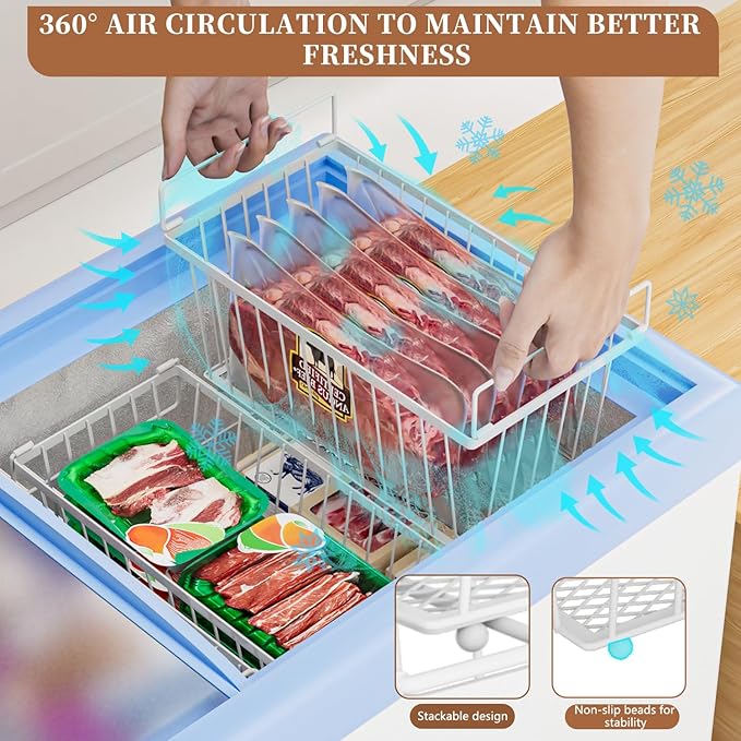 Freezer Organizer Bins ,Upgraded Bottom Leak-Proof net,4 Pack,Encryption and Hardening ,Deep Freezer Organizer Bins for 5 to 7 Cu.FT Small Chest Freezer, Easy Get Bottom Foods(white)