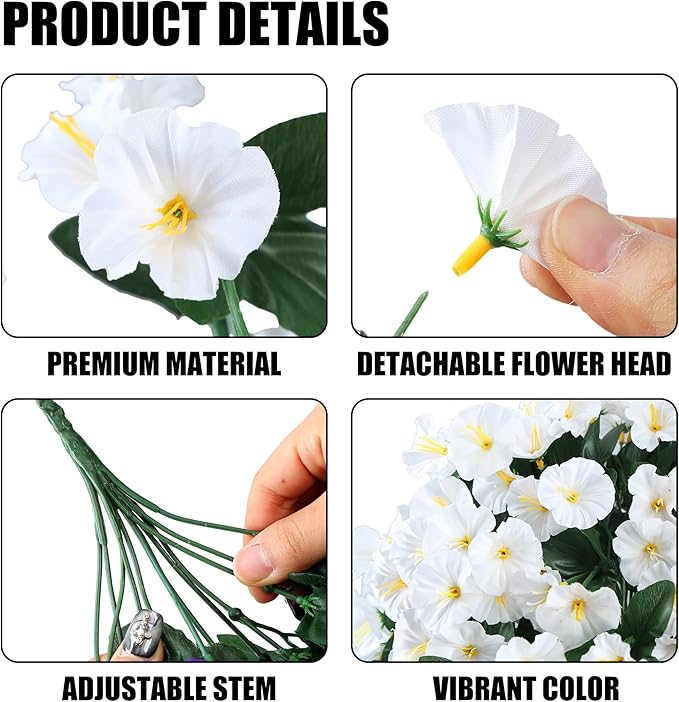 Sggvecsy Artificial Fake Hanging Flowers Plants for Outdoor Outside Spring Summer Decoration 4PCS Faux Silk UV Resistant Realistic Morning Glory Trailing Vines for Home Porch Patio Balcony(White)