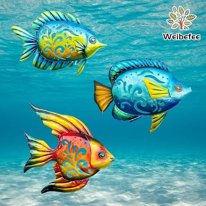 Weibefee Coastal Wall Decor, Ocean Sea Metal Fish Wall Christmas Decor, Hanging Wall Art Christmas Decorations Gift for Indoor Outdoor, Beach Nautical Tropical Fish Wall Sculpture for Pool Bathroom Bedroom Patio
