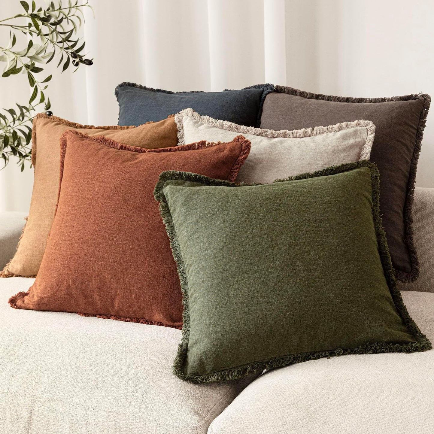 Foindtower Set of 2 Decorative Linen Fringe Throw Pillow Covers Farmhouse Cushion Cover with Tassels Soft Accent Pillowcase for Couch Chair Sofa Bed Living Room Home Decor,22×22 Inch,Fall Rust Orange