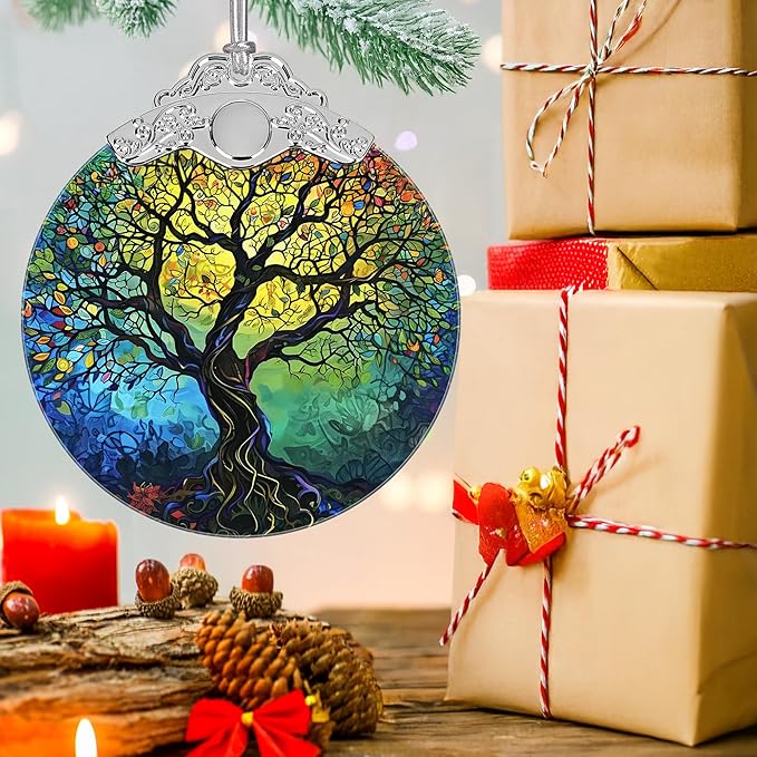 Christmas Decorations Ornaments, Stained Glass Ornament, Christmas Tree Ornaments, 2025 Gift Ornament, Xmas Gift for Friend Family Coworker - Tree of Life