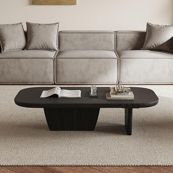 Walnut Coffee Table, Mid Century Modern Decor Low Cocktail Tea Table with Rounded Corners for Living Room, Home, Office,Black