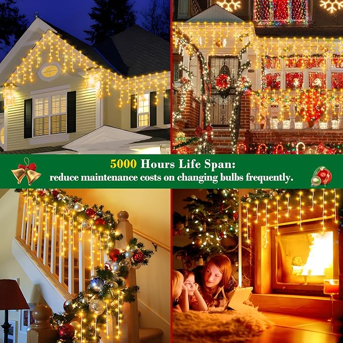 XURISEN 132ft Christmas Lights Decorations Outdoor, 1280 LED 8 Modes Fairy Lights with 240 Drops,Plug in Waterproof Timer Memory Function for Christmas Holiday Wedding Party Decorations(Warm White)