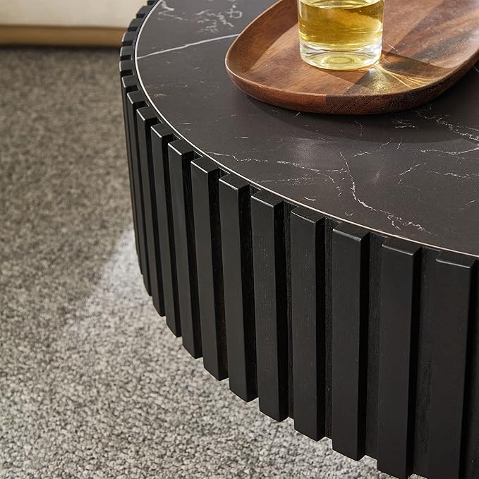 35.43'' Round Coffee Table with Faux Marble Tabletop, Modern Drum Center Coffee Tables Luxury Circle Coffee Table for Bedroom,Apartment,Living Room-Black