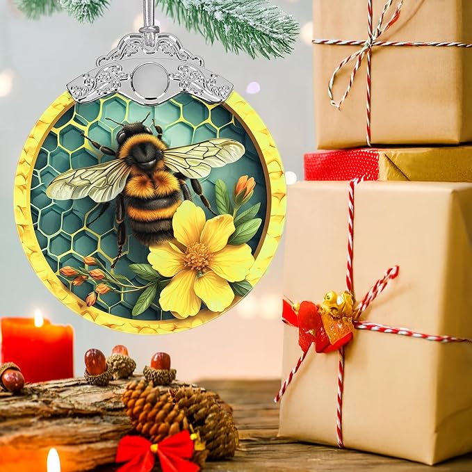 Christmas Decorations Ornaments, Stained Glass Ornament, Christmas Tree Ornaments, 2025 Gift Ornament, Xmas Gift for Friend Family Coworker - Bee