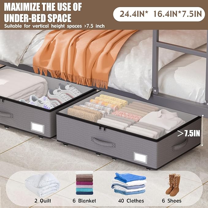 Under Bed Storage with Wheels, No Assemble Required 7.5 inches height Under Bed Storage bins,Large capacity Rolling Under bed Shoe Storage containers,dorm under bed storage drawers