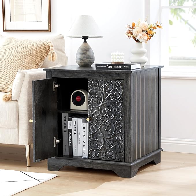 Farmhouse End Table with Carved Floral Door, 24" Wide Nightstand with Adjustable Shelf, Wooden Square Sofa Side Table Storage Table for Living Room Bedroom (Antique Black-Brown)