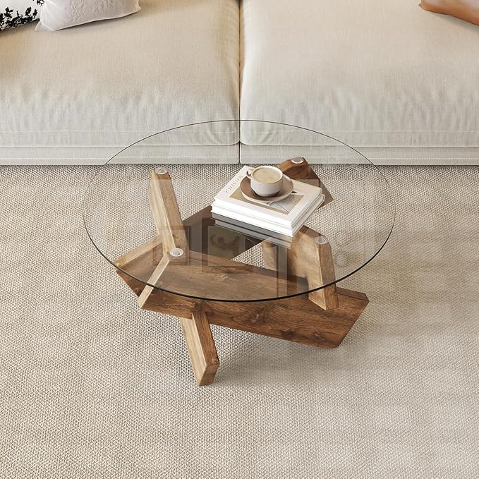 Natural Round Glass Coffee Table,33-Inch Coffee Tables for Living Room Clear Circle Accent Table Adapts to Farmhouse and Contemporary Decor