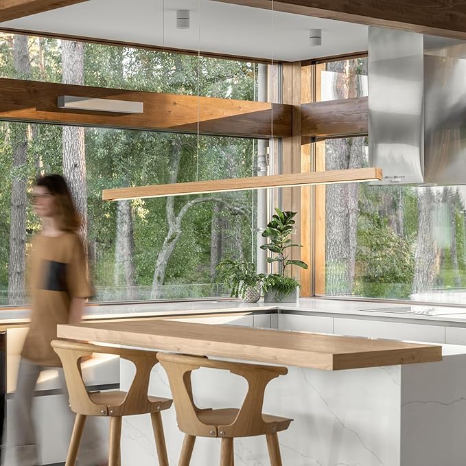 59" Natural Wood LED Linear Pendant Light Fixture 40W Led Dining Room Light Dimmable Hanging Light Fixture for Dining Room Kitchen Island Pool Table Lights Natural Wood Color