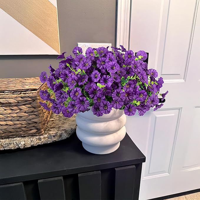 Artificial Flowers for Outdoor Decoration, 10 Bundles Fake Plastic Flower Plant, Faux Colorful Silk Morning Glory Eucalyptus for Outside Spring Summer Garden Porch Front Door Decor, Dark Purple
